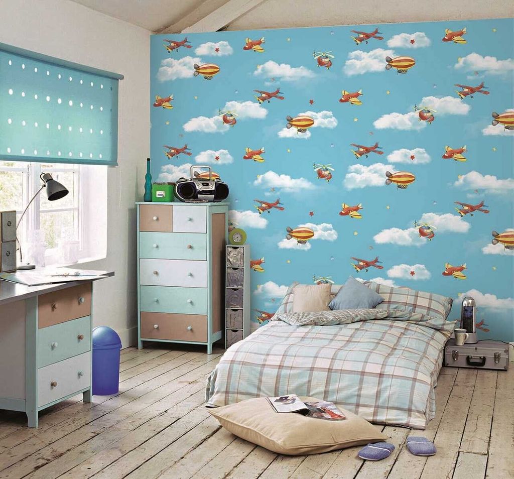Giấy dán tường gdt18 họa tiết mây và máy bay đầy màu sắc đáng yêu