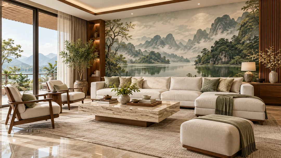 Tranh dán tường phong cảnh núi hồ sau sofa màu kem trong phòng khách sang trọng