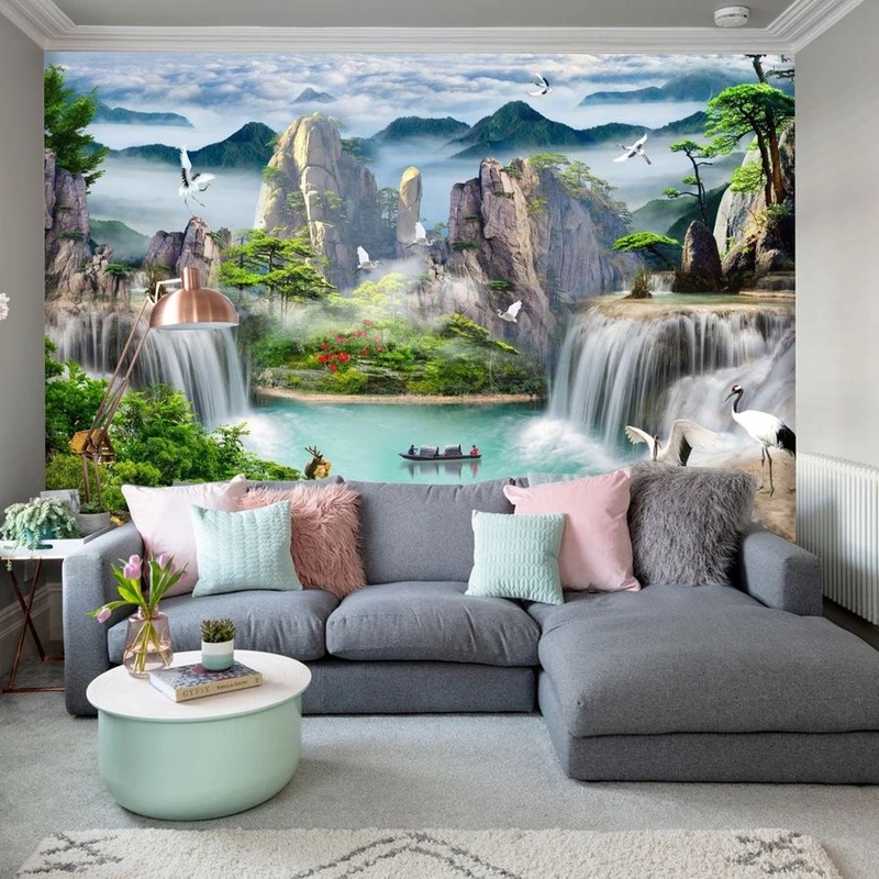 Tranh Dán Tường 3D Họa Tiết Người Lái Đò Và Rừng Núi Tiến Phát Decor Sttp09