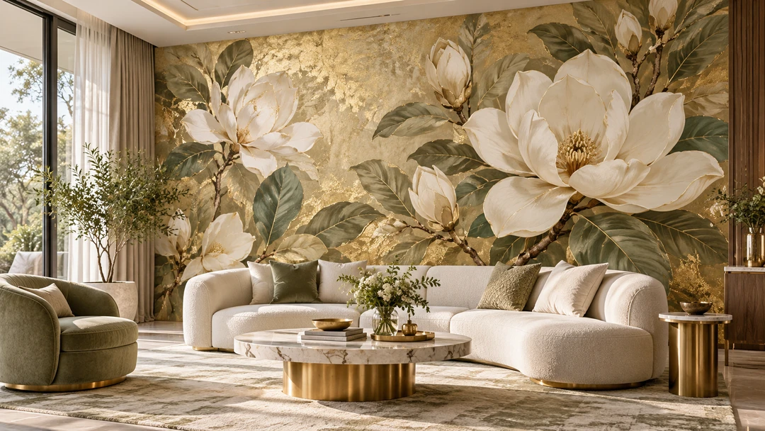 Tranh dán tường 3D hoa mộc lan trắng nền vàng phía sau sofa màu kem trong phòng khách