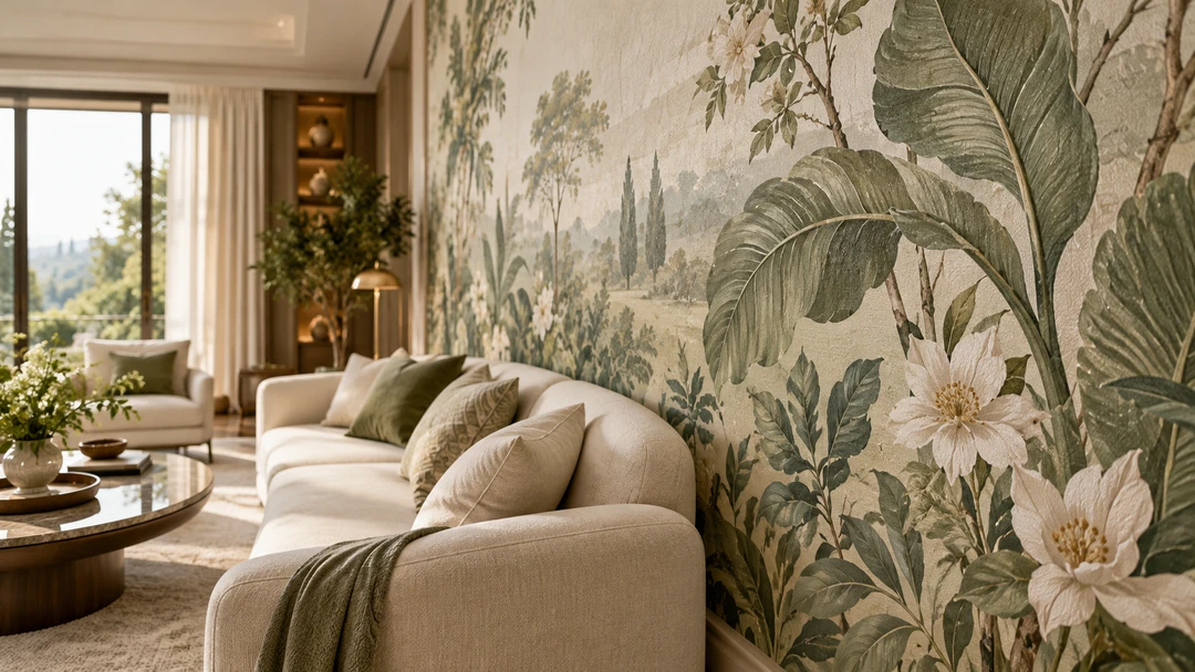 Góc cận tranh dán tường hoa trắng và lá xanh trên nền kem phía sau sofa phòng khách