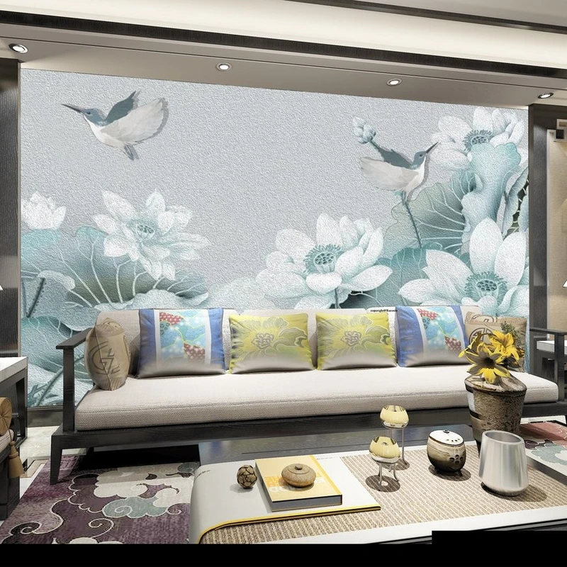 Tranh Dán Tường 3D Họa Tiết Chim Đậu Hoa Sen Tiến Phát Hshd07