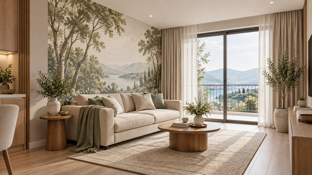 Tranh dán tường phong cảnh cây xanh và hồ nước sau sofa màu be trong phòng khách nhỏ
