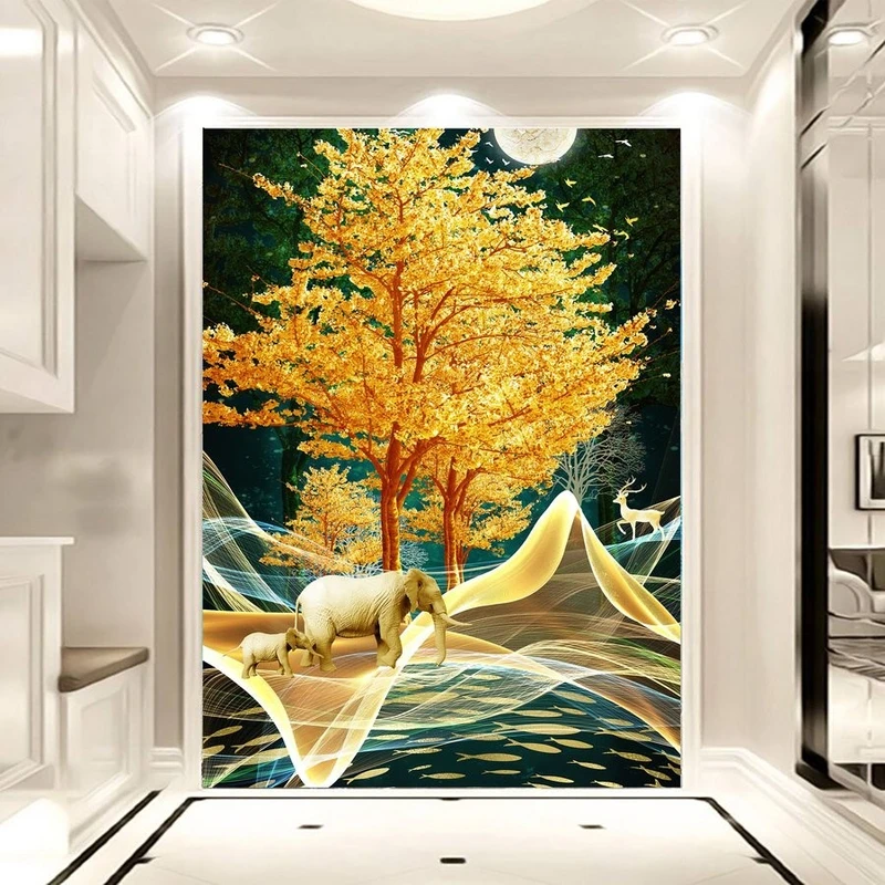 Tranh Dán Tường 3D Họa Tiết Voi Vàng Giữa Rừng Đêm Tiến Phát Htnv03