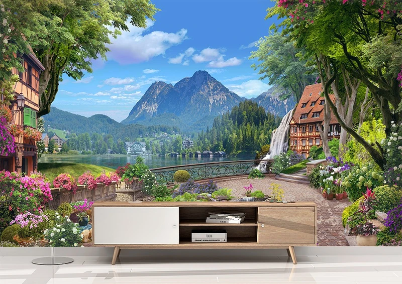 Tranh 3D Dán Tường Thiên Nhiên Cây Núi Và Thác TPK8008